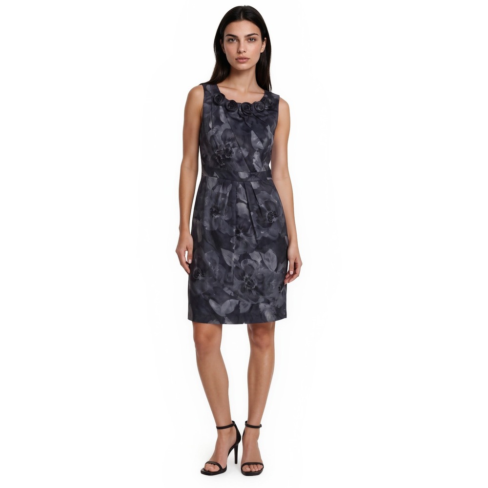 Adrianna Papell Sheath Dress Women's Size 10 Grey Black Floral Rosette Neck